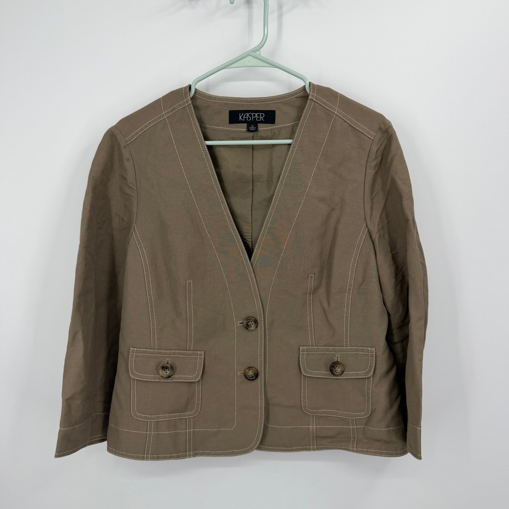 Kasper Blazer Jacket Womens Size 12 Brown Linen Blend Contrast Stitch V-Neck
